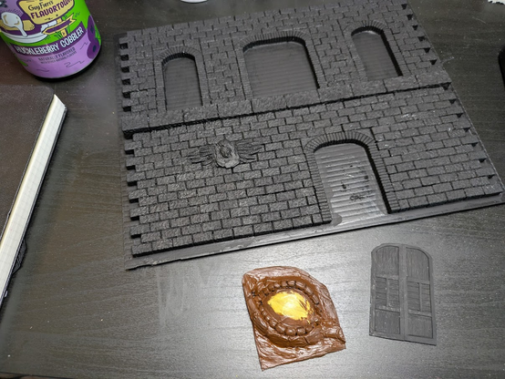 Just the wall pieces, black-primed, with the dragon eye insert with only brown paint plus masking tape on the eye portion.