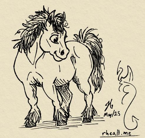 A messy digital ink drawing of a chubby shetland-like pony, with scraggly mane and tail and large, kind eyes. A bit cartoony.