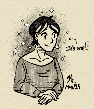 A cartoony ink doodle of myself, a woman with short black hair. I'm sitting with my arms crossed, and there are stars around me.