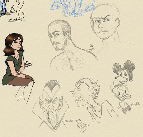 A screenshot of a page of digital sketches. There's one of Sable sitting down and looking pensive (which is inked and partially coloured), then a bunch of digital pencil sketches of various faces, some very cartoony, plus a very off-model Mickey Mouse and Donald Duck in the corner.