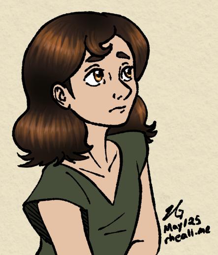 A close up screenshot of the Sable drawing from the previous sketch page. She's not wearing her fur poncho, just her green tunic. She has shoulder-length brown eyes and brown hair.