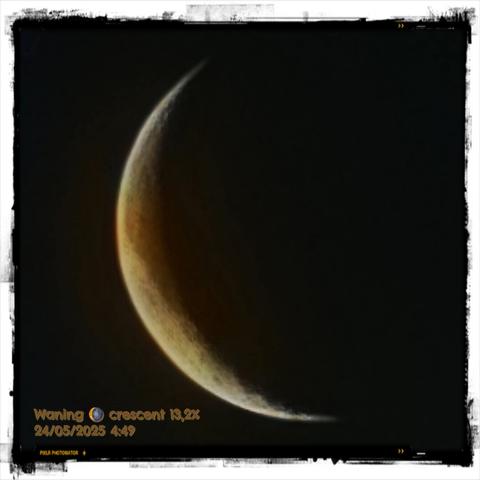 Alt text by AI:
A high-resolution photograph of the Moon in its waning crescent phase, with only 13.2% of its surface illuminated. The slender crescent glows softly with subtle golden and silvery hues, against a deep black sky. The curvature of the Moon is distinct, with its surface texture and craters faintly visible near the lighted edge. The image has a stylized frame with a distressed, grunge border, adding a dramatic and artistic touch. At the bottom left, golden text reads: “Waning 🌘 crescent 13,2% — 24/05/2025 4:49”, indicating the Moon phase, date, and time the photo was taken. The photo is credited to "Pixlr Photomator" in small print below.