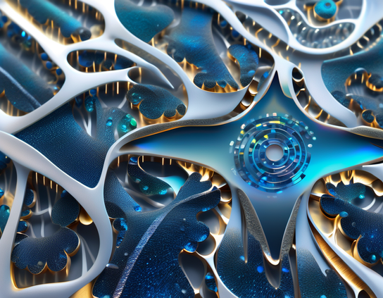 A symbolic abstract structure layering a liquid level with a circular mosaic floating on the surface, over metallic organic components holding contained glowing gold flames.