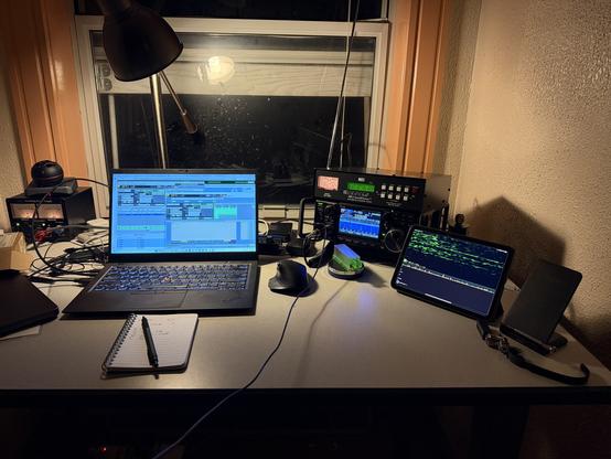 My station at home. Icom 7300, MFJ auto tuner, laptop running Log4OM.