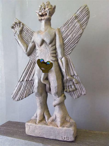 Pazuzu statuette an emaciated fella with wings, hungry predatory face,  bird like clawed feet, saggy tits and a snake peeking out covering its penis

snake head kaa

snake jungle book