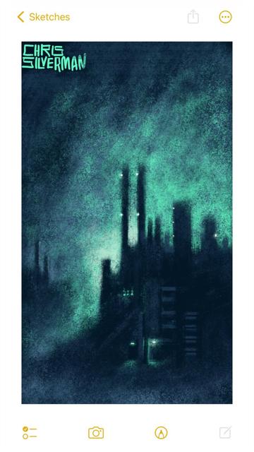 A hulking factory complex under heavy night clouds, an eerie radioactive glow throwing the blurry silhouettes of the smokestacks and buildings into sharp contrast. Small greenish lights are placed on the smokestacks and at a few points on the buildings. The painting is signed "Chris Silverman".