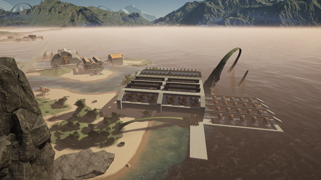 A high shot of a factory being constructed on a group of small islands.