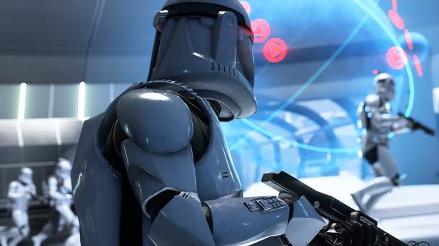 A futuristic soldier in sleek armor is holding a weapon, with a focused expression. In the background, other soldiers in similar armor are visible, engaged in an action scene. The setting features high-tech elements and glowing blue visuals.
