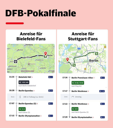 DB-Werbung zum DFB-Pokalfinale: Zwei Screenshots von Verbindungen der DB (mit Karte): 

"Anreise für Bielefeld-Fans": mit dem ICE von Bielefeld über Spandau zum Olympiazentrum
"Anreise für Stuttgart-Fans": mit der S-Bahn vom S-Bahnhof Prenzlauer Allee zum Olympiazentrum