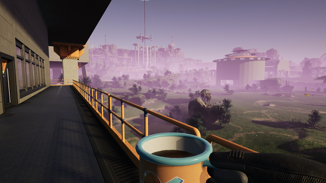 Standing on a walkway with a coffee cup looking at my factory in the fog.