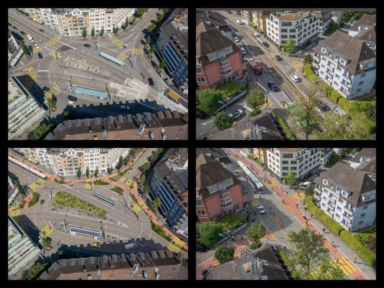 Una foto divisa in 4. Sopra due luoghi di Zurigocome sono adesso, sotto come diventerebbero. A sinistra un grosso incrocio/piazza con 2 linee do tram viene trasformato riducendo lo spazio per le auto e aggiungendouna rete di ciclabili.

A destra un viale con tram e strada a doppio senso viene trasformata in una strada a senso unico più una larga ciclabile