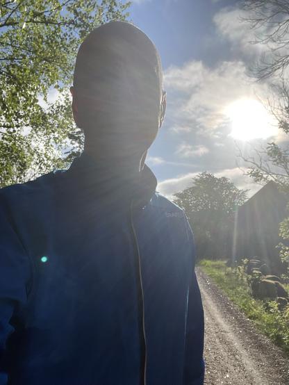 Blueskeeter standing on gravel road, looking at camera. Sun shining, birches have tiny leaves.