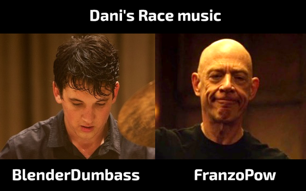 Picture of the drummer and the teacher from the movie Whiplash.
Caption: Dani's Race music; the drummer is labeled as BlenderDumbass and the teacher as FranzoPow.