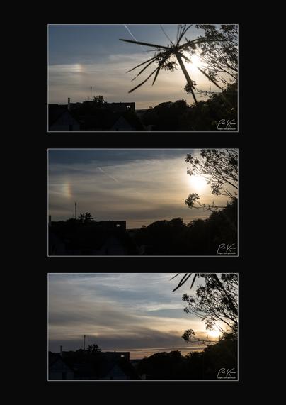 Triptyque vertical sur fond noir de trois photos horizontales de format 16/9 présentant, à gauche, un parhélie ou sundog gauche et, à droite, le soleil en fin de journée, au-dessus de la silhouette de bâtiments avec notamment une antenne, et d'arbres. Les trois photos ont été prises depuis le même point de vue à 20h55, 21h, 21h19 et on peut constater que la « course » du parhélie ou sundog est parallèle à celle du soleil en altitude et azimut.