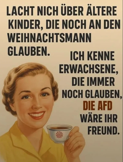 LACHT NICH ÜBER ÄLTERE KINDER, DIE NOCH AN DEN WEIHNACHTSMANN GLAUBEN. ICH KENNE ERWACHSENE, DIE IMMER NOCH GLAUBEN, DIE AFD WÄRE IHR FREUND.