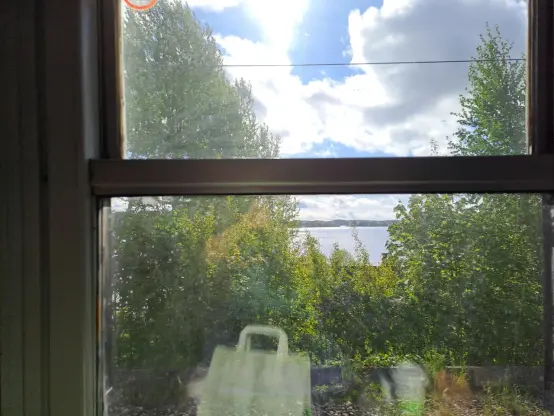 Photograph (colour): A lake behind trees, seen from a train window