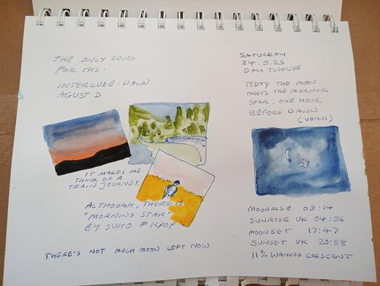 Scrapbook style sketches relating to the moon and dawn, text about the moon and morning star