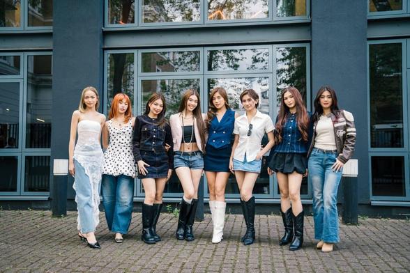 A group photo of BINI. From left to right: Gwen, Maloi, Colet, Stacy, Aiah, Sheena, Jhoanna, Mikha.