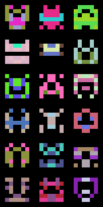 a 3x6 grid of multicolored 6x6 pixel aliens a la space invaders