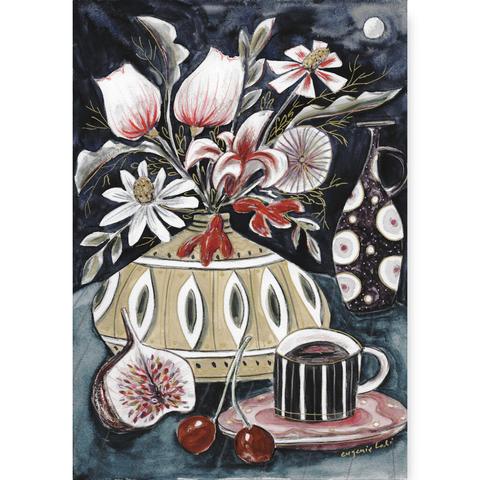 A vase with flowers and figs