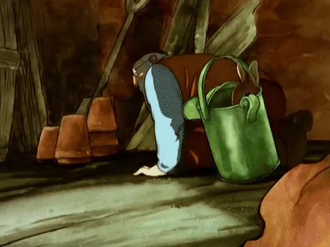 Peter Rabbit hops out of a watering can and escapes the shed, as Mr McGregor spots him