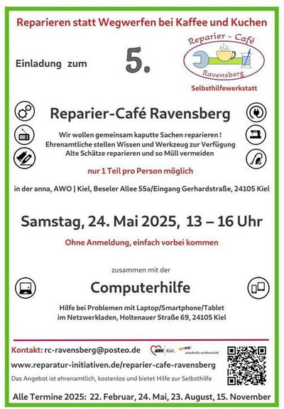 Reparier-Café Ravensberg. Gemeinsam kaputte Sachen reparieren. Heute 24. Mai ab 13 Uhr bis ca. 16 Uhr. In der Anna, AWO Beseler Allee 55a Eingang Gerhardstraße 24105 Kiel