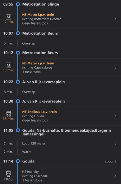 Screenshot of the NS app showing a schedule towards Apeldoorn starting from Metrostation Slinge. Noteworthy is that is says you need to board a metro towards A. Van Rijckevorseplein which is wrong information.
