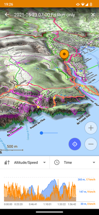 Carte du parcours, tracé rose en vélo entre la gare de Cassis et l'entrée des Calanques. Tracé jaune la course qui parcours "les trois calanques" Port-Miou, Port-Pin et En vau. Avec un passage sur la presqu'île de Cacau, une ancienne carrière de pierre, et aussi un ancien bastion militaire.

La boucle de la course monte jusqu'au belvédère d'en vau et fait le tour par le col de l'Oule.

En dessous de la carte, un graphique en fonction du temps, en bleu l'altitude et en orange la vitesse. On voit bien le "trou" de vitesse lors de la montée dans le chemin à difficulté 5/6 sur l'échelle du Swiss Alpine Club.. En effet il y avait quelques pas d'escalade légèrement engagé. J'ai fait confiance au tracé OSM, mais c'était pas forcément rassurant (car j'ai fait des passages que je n'oserais pas désescaladé - pas bien!!)