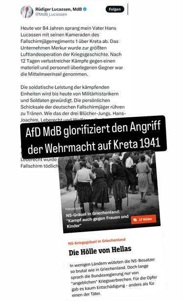 Glorifizierender Post des AfD MdB im Hintergrund. Davor: Spiegel Text: „die Hölle von Hellas. In wenigen Ländern wüteten die NS besagter so brutal wie in Griechenland“ NS Gräuel: Kampf auch gegen Frauen und Kinder
