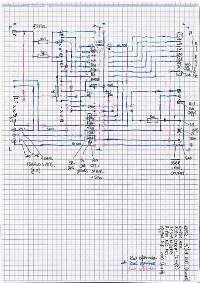 A complete trace layout (for dotboard) with no dodgy tricks, no double-ups, only 90 degree bends and straight wires, with no wire crossovers. Sometimes being a neat freak is exhausting. It is drawn on grid paper in pink, blue, and black, ink.