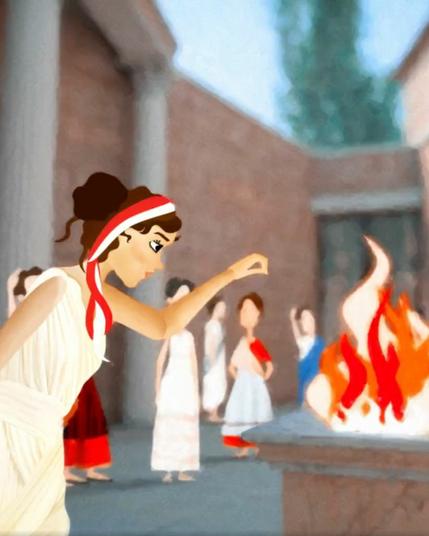 Still shots from the TED-Ed video ‘Who were the Vestal Virgins, and what was their job?’ showing a scene from the imaginary Vestal Licinia’s life, serving at a public altar.