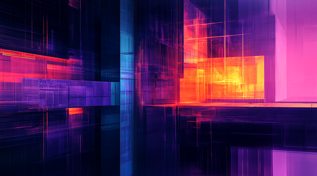 Géométrie Lumineuse
Composition abstraite et géométrique aux teintes vives, entre brutalisme néo-futuriste et architecture digitale.
Abstract and geometric composition with vivid hues, blending neo-futurist brutalism and digital architecture.