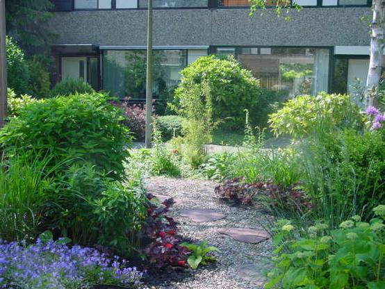 A view of a front garden. There is a winding gravel path in the middle of the photo. Borders with low plants along the edge to the right and left, and higher ones behind them. The path leads to a narrow street with houses behind it.