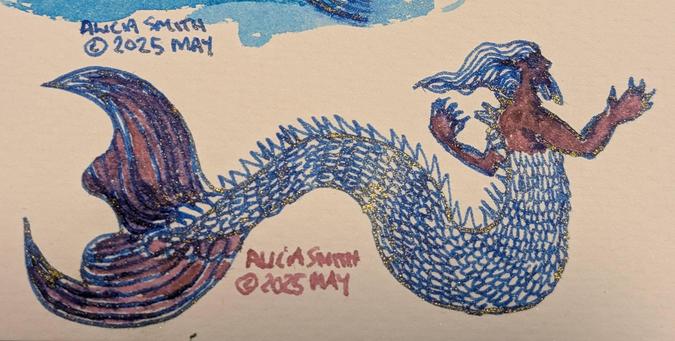 Super quick drawing of a merbloke bearded and with a big tail, drawn in Golden Lapis and Rose Quartz.