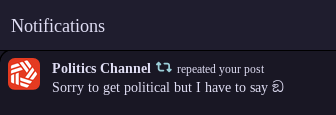 politics channel repeated your post "Sorry to get political but I have to say ඞ"