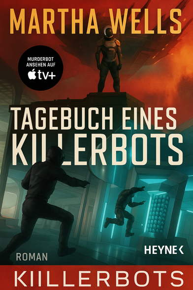 Ein kombiniertes Coverbild zu Martha Wells’ „Tagebuch eines Killerbots“. Im oberen Teil steht eine gepanzerte Figur (Murderbot) auf einem futuristischen Gebäudedach vor glutrotem Himmel und Raumschiff. Im unteren Teil sieht man zwei weitere Personen in Kampfanzügen in einem kalten, blauen Hightech-Innenraum – eine davon springt in Zeitlupe auf eine leuchtende Maschinenstruktur zu. Der Titeltext dominiert das Zentrum des Covers.

A combined cover illustration for Martha Wells' Diary of a Murderbot. The top features an armored figure (Murderbot) standing on a futuristic rooftop under a glowing red sky with a spaceship above. The lower half shows two figures in combat suits inside a cold blue-lit sci-fi interior – one is jumping in slow motion toward a glowing machine structure. The title text runs prominently across the center.
