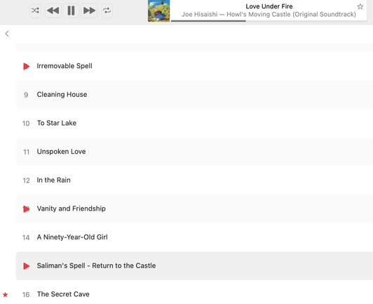 A listing of tracks from the original soundtrack album for Howl's Moving Castle, displayed in Apple's Music.app. Three different tracks have a red icon indicating they are the currently playing audio. They are not.