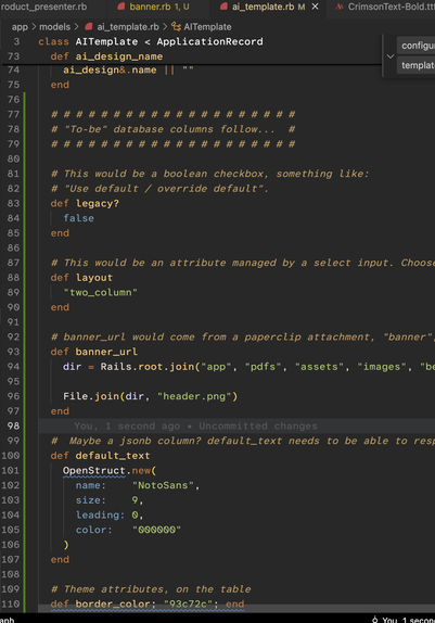 screenshot from an active record model with methods such as default_text returning an open struct, and banner_url returning a system url for now.