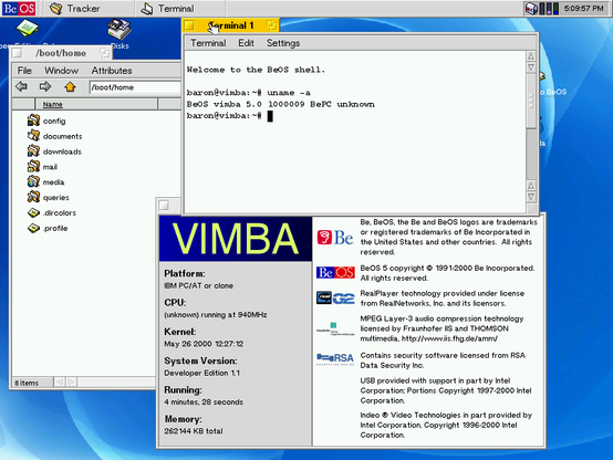 Screenshot of BeOS 5 with window of the file explorer, BeOS about screen and terminal.