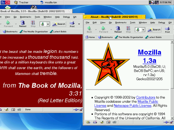 Screenshot of two windows of Mozilla 1.3a. One displaying The Book of Mozilla 3:31, the other displaying Mozilla about page.