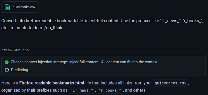 LM Studio-Benutzeroberfläche mit Prompt:
"Convert into firefox-readable bookmark file. Inject-full-content. Use the prefixes like "IT_news_", "r_books_", etc.  to create folders. /no_think"