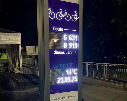 Der Display der Zählstelle beim Stadtunnel zeigt am 23.05.2025 um 22:43 Uhr über 6600 Durchfahrten an.