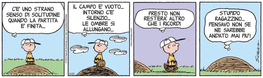 Comic strip featuring characters reflecting on the end of a game and feelings of loneliness. The first panel discusses the strange sense of solitude when a game ends. Subsequent panels illustrate an empty field and silence, with one character expressing that soon only memories will remain