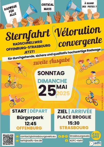 Plakat für eine Radfahrt namens "Sternfahrt Vélorution convergente" vom Bürgerpark in Offenburg zum Place Broglie in Straßburg am Sonntag, den 25. Mai 2025. Die Veranstaltung beginnt um 12:45 Uhr in Offenburg und endet um 15:30 Uhr in Straßburg. Das Plakat zeigt verschiedene Radfahrer in verschiedenen Aktivitäten, darunter Familien und Kinder, die auf Fahrrädern fahren. Es gibt auch Slogans wie "Radwege für alle" und "Critical Mass" sowie eine Frage "À quand des pistes?" (Wann wird es Fahrradwege geben?).