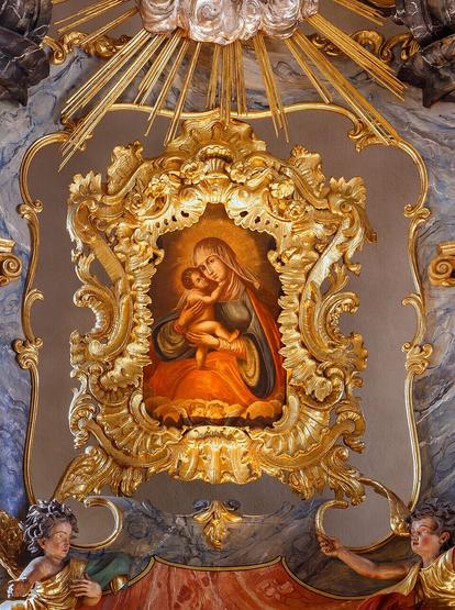 This image of Mary Help of Christians was painted after the original by Lucas Cranach the Elder and is located in Maria Hilf pilgrimage church (Moosbronn, Baden-Württemberg, Germany). Today is the feast day of Mary Help of Christians in the Catholic Church.