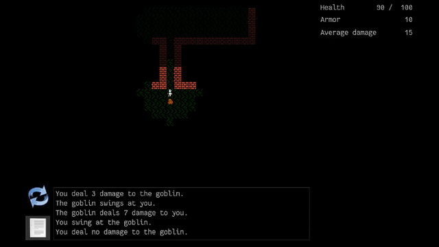 A screenshot of the game demonstrating the dungeon containing a player character successfully attacking a goblin character with corresponding visual effect of red outline on the latter.