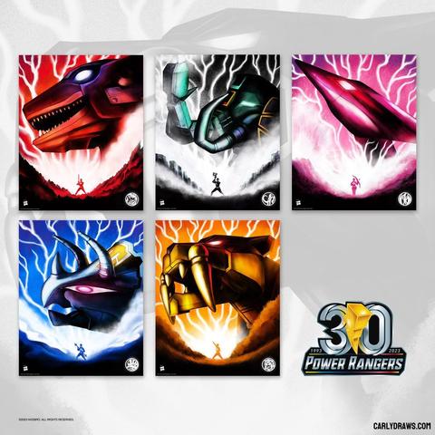 power rangers art by Carly A-F
each ranger with their weapons, zords and lightning