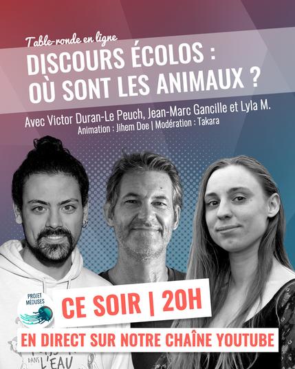 Visuel dans les tons de bleu et rouge montrant les photos des trois personnes invitées et donnant les mêmes informations que les posts.