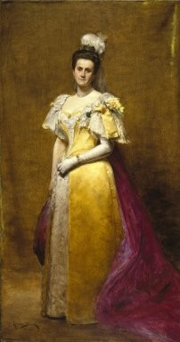 Emily Roebling in an evening gown. She is a white woman with dark hair.