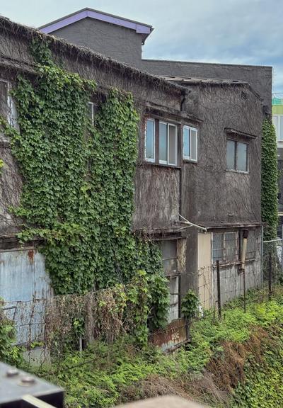 An old abandoned building sits in tokyo, slowly succumbing to the growth of vegetation